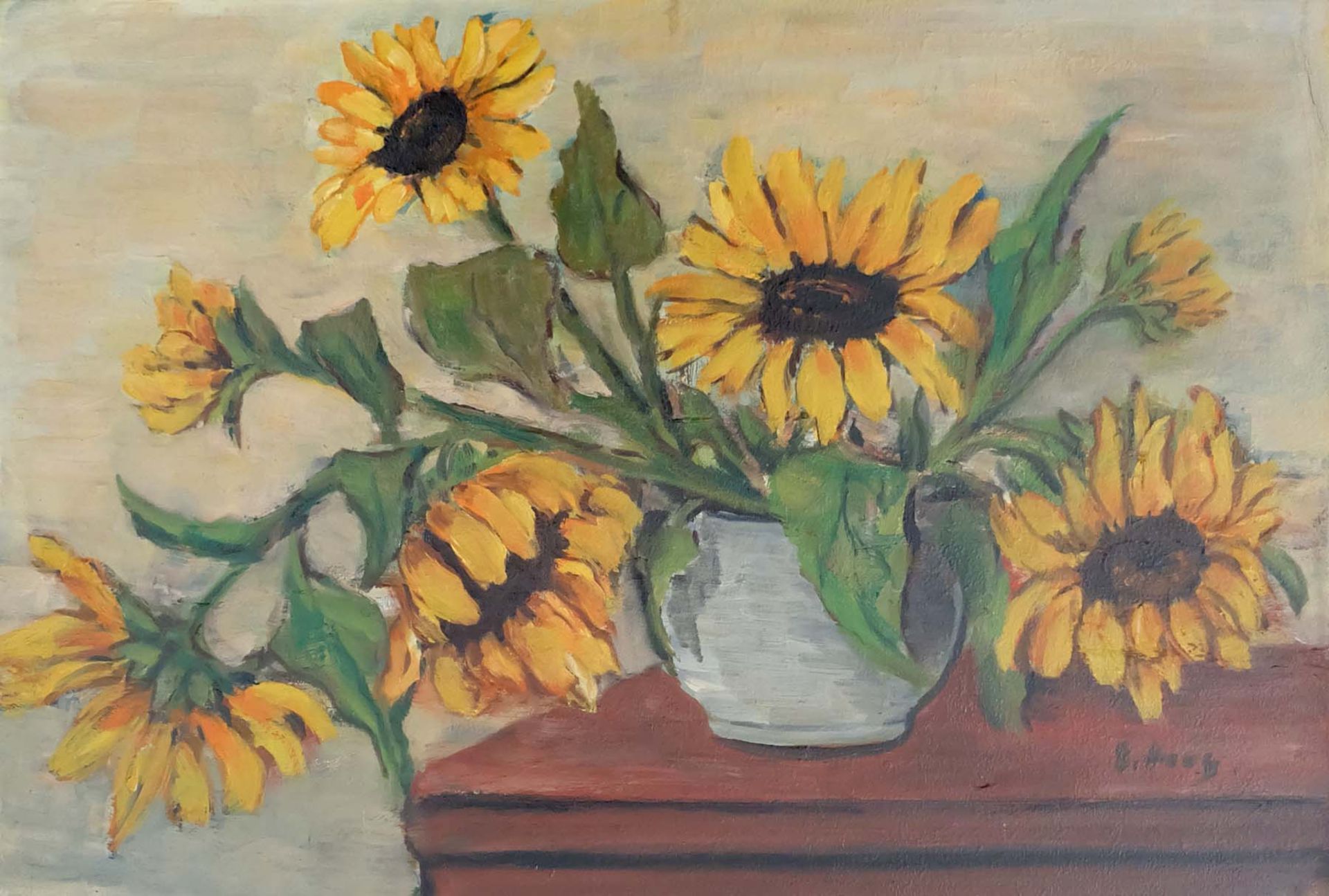 HAAS, Erna (*1896 †1990) Öl/ Malkarton, Stillleben, Sonnenblumen in Vase, rechts unten signiert,