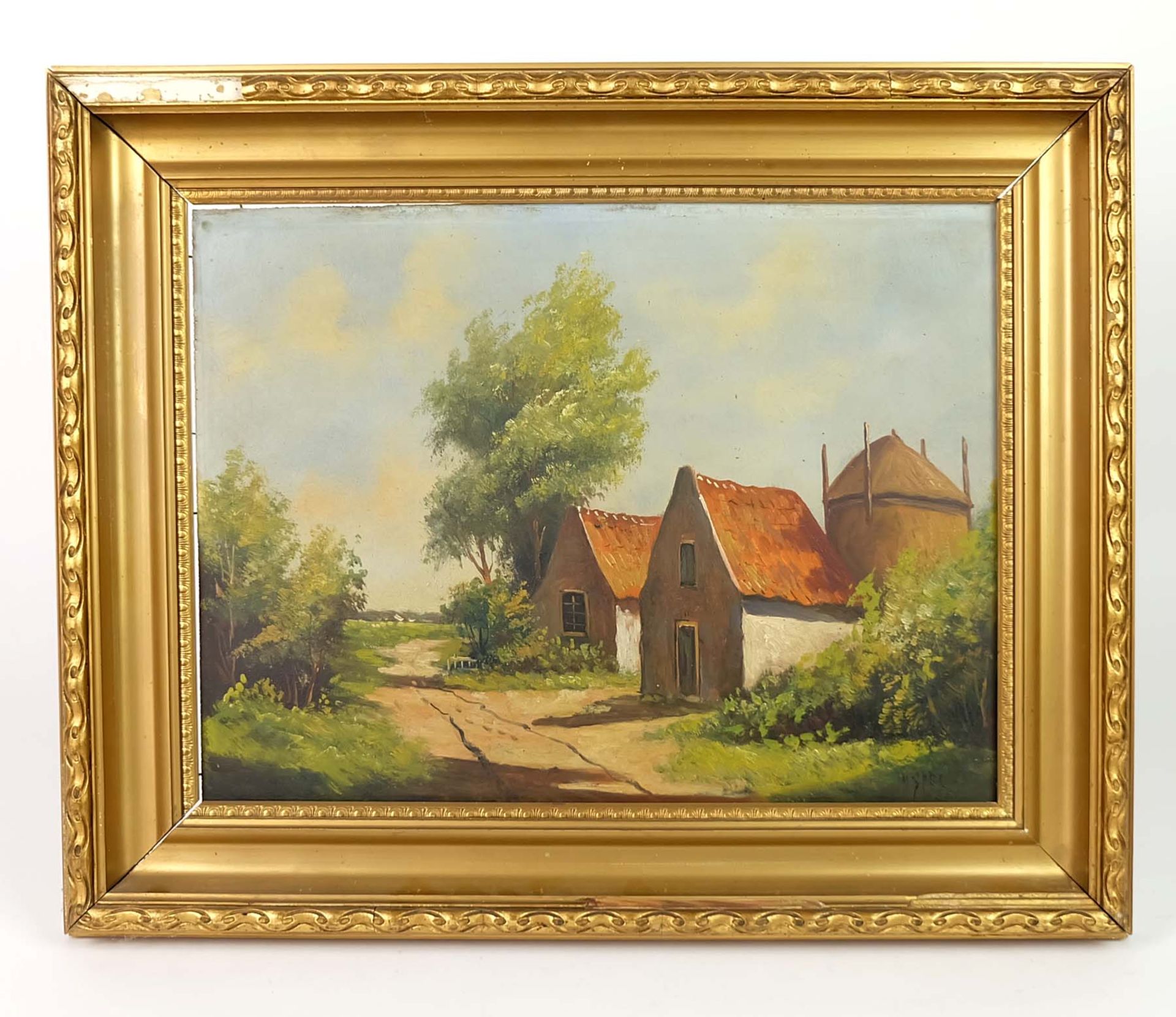 NIEDERLÄNDISCHE SCHULE, frühes 20.Jh. Öl/ Holtafel, Sommerlandschaft mit Gehöft und Schober, 30 x 40