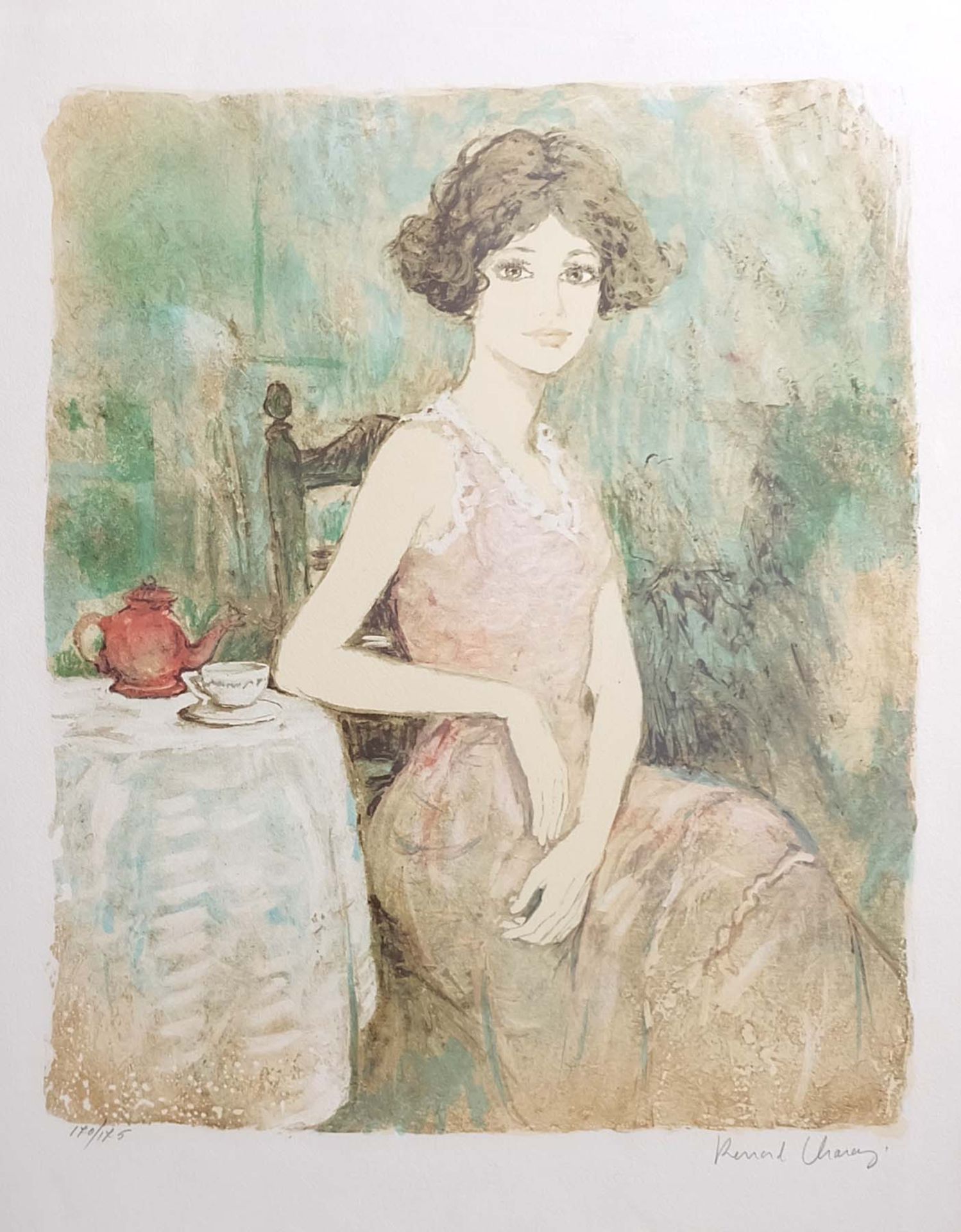 CHARAY, Bernard (*1931), Farblithografie, Porträt einer jungen Frau mit Kaffeekanne, links unten