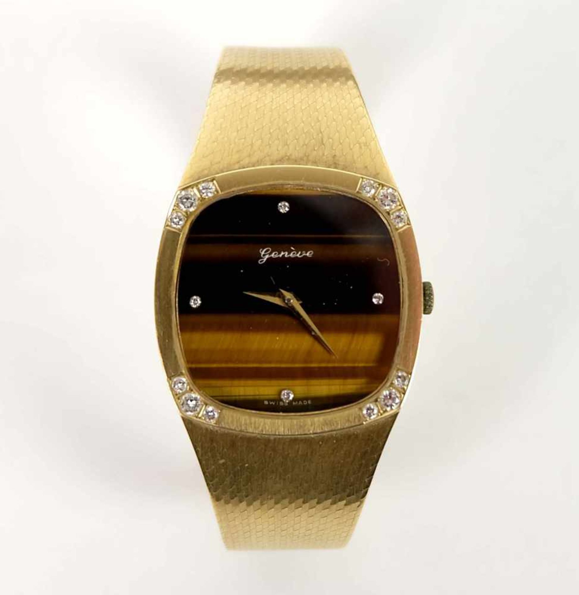 ARNBANDUHR, (Unisex), Hersteller Genève, 1970er-Jahre, 585er-Gold, verlaufendes Milanaiseband,