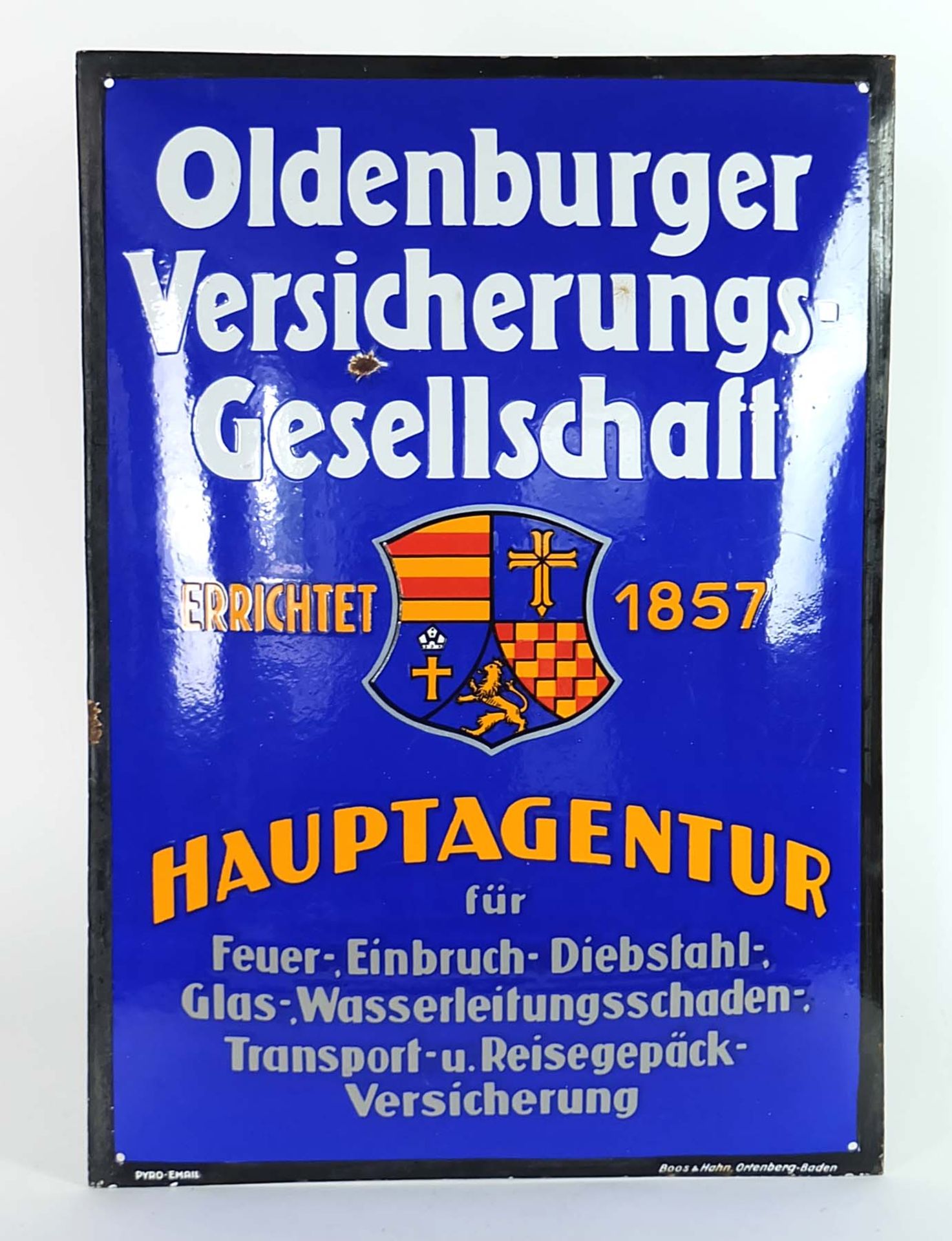 EMAILLESCHILD, 1920er/30er-Jahre, bombiert, "Oldenburger-Versicherungsgesellschaft", Hersteller Boos