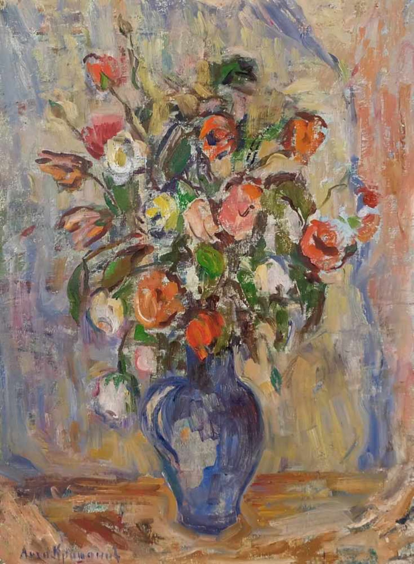 RUSSISCHE SCHULE, 20.Jh., Öl/ Platte, Blumenstillleben, Sommerstrauß in blauzer Vase, links unten