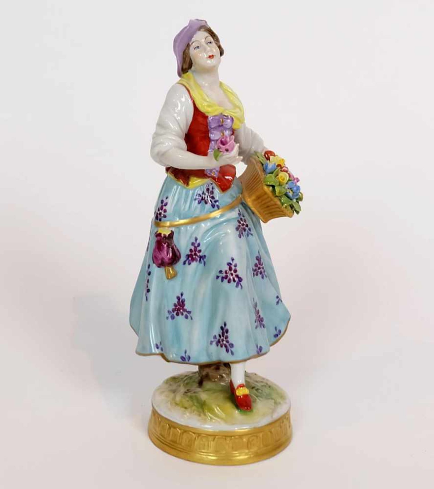 FIGUR, Aelteste Volkstedter Porzellanmanufaktur, 1920er Jahre, Bunt/ Gold, Blumenverkäufer im