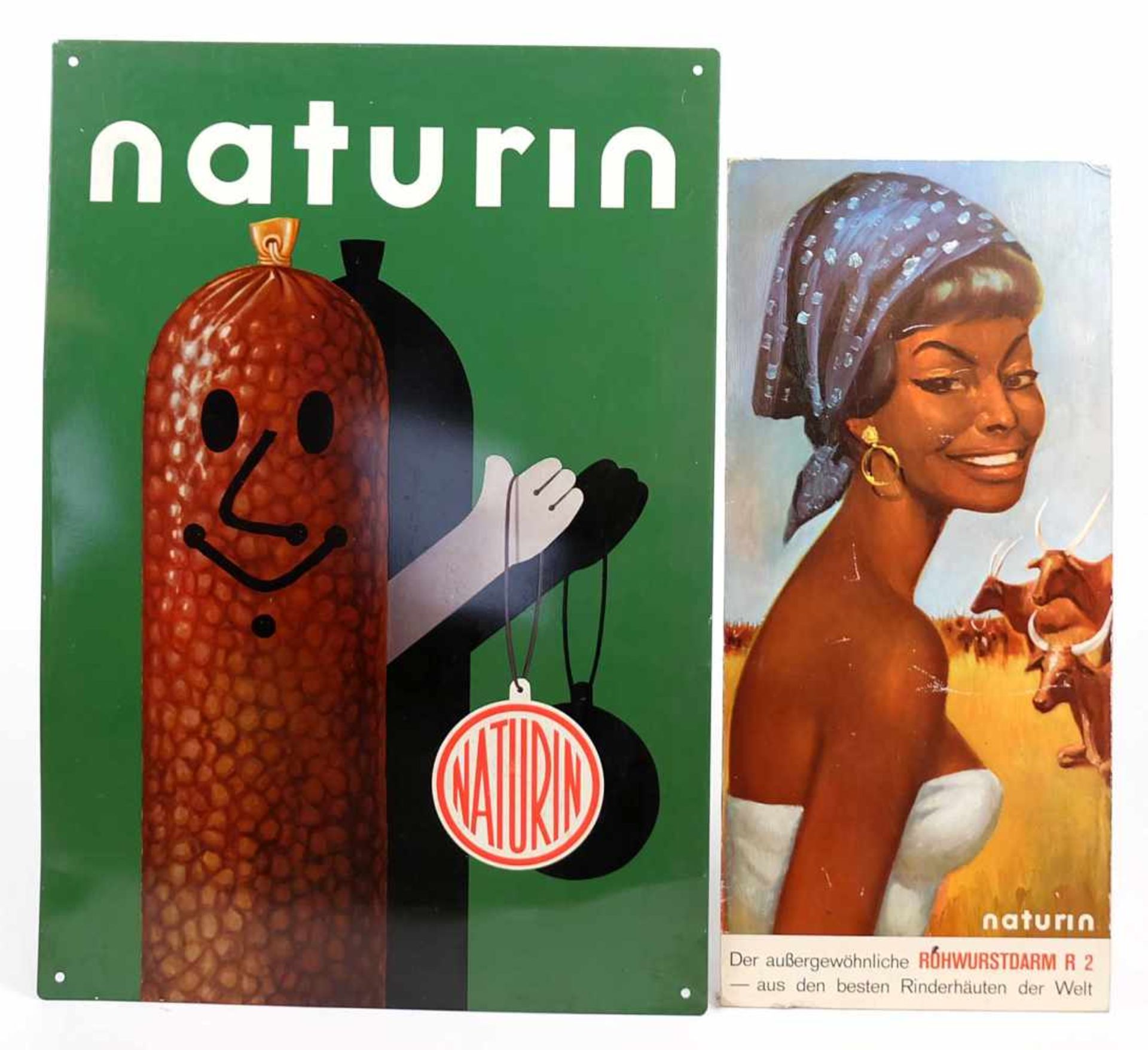 WERBESCHILD/ PAPPAUFSTELLER, Naturin, 1950er/60er-Jahre, Blech, polychrom, winkende Wurst, ca. 54