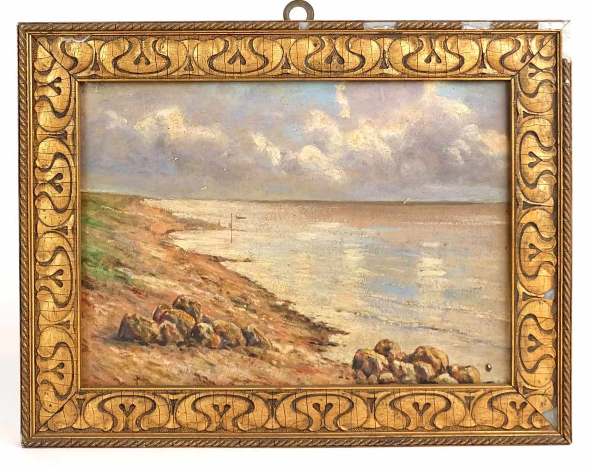 NORDDEUTSCHE SCHULE, um 1900, Öl/ Malkarton, Küstenlandschaft, 21,5 x 30 cm, Goldstuckrahmen, dieser