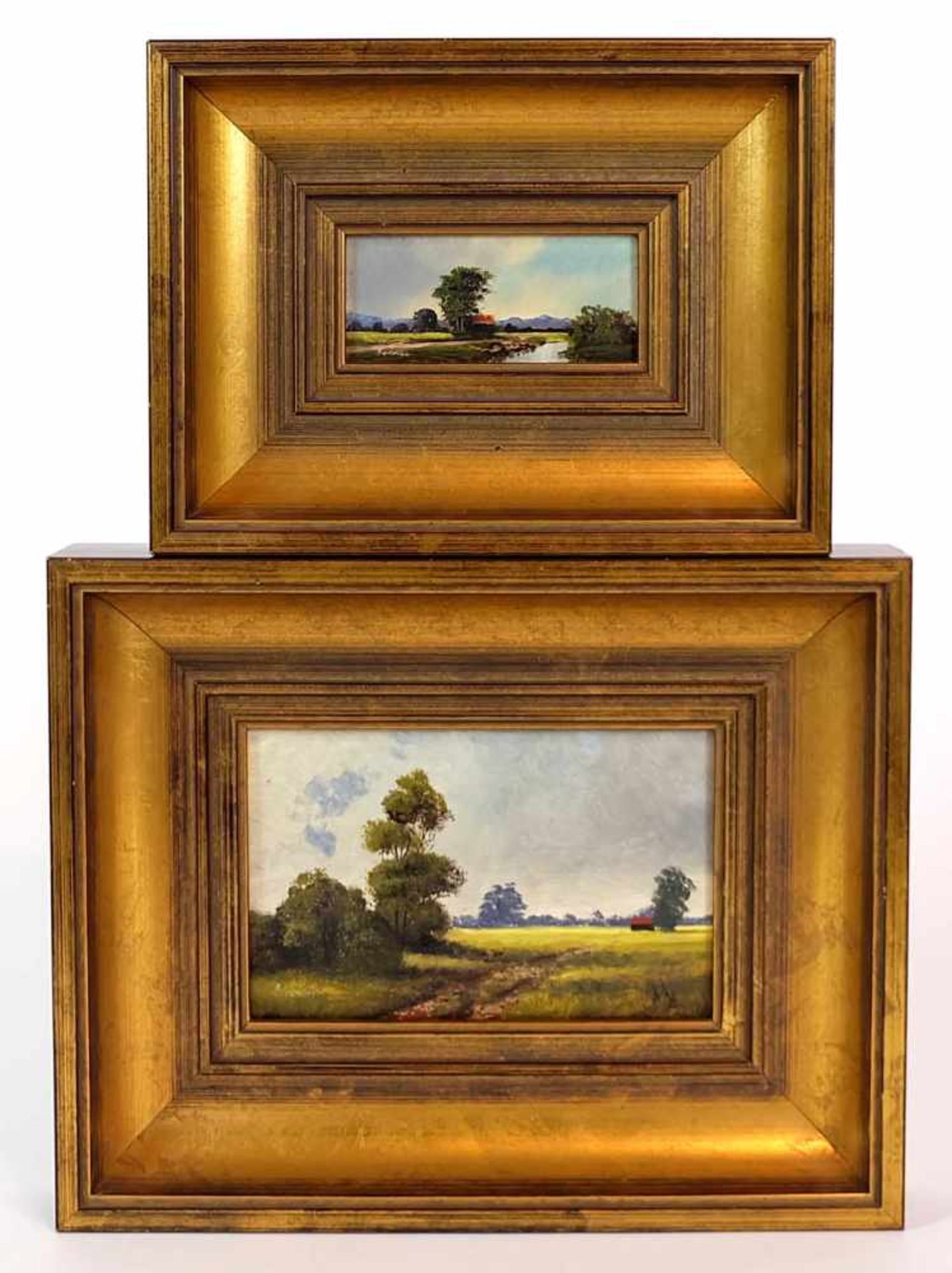 SCHNEIDER, Miniaturist, 20.Jh., Öl/ Holz, 2 Sommerliche Landschaften, 10 x 15 bzw. 4 x 9 cm,