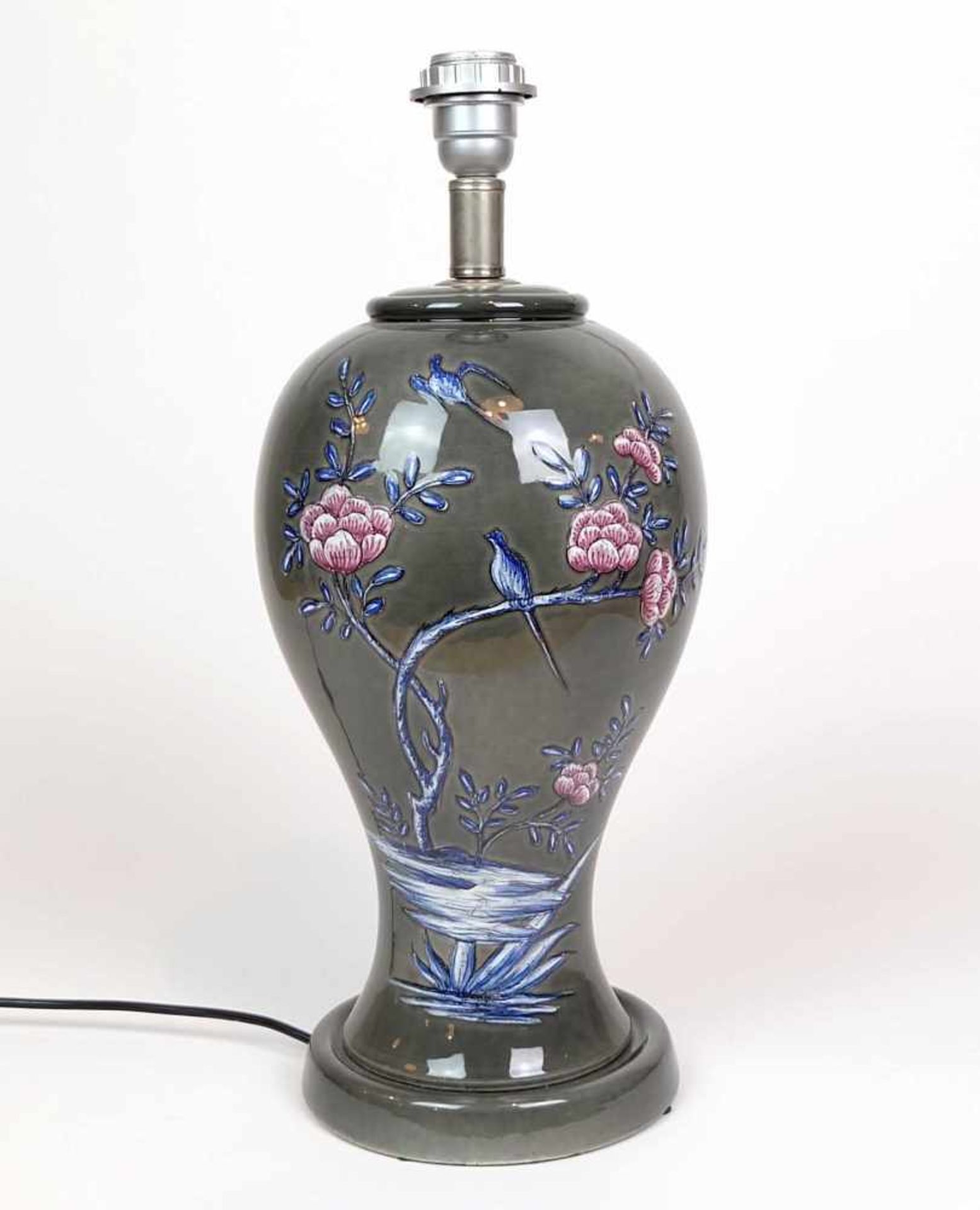 LAMPENFUß, Manufaktur Ghinza, Keramik, Balusterform auf ausgestelltem Sockel, graue Fondglasur, in