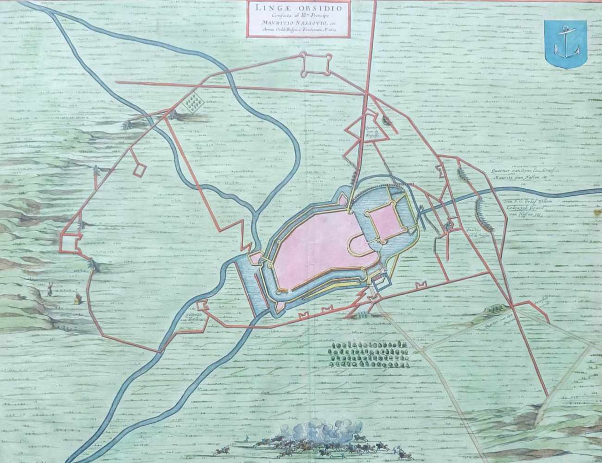 BELAGERUNGSKARTE LINGEN, Mitte 18.Jh., Kupferstich, altcoloriert, "Lingae Obsidio … 1605", aus Atlas