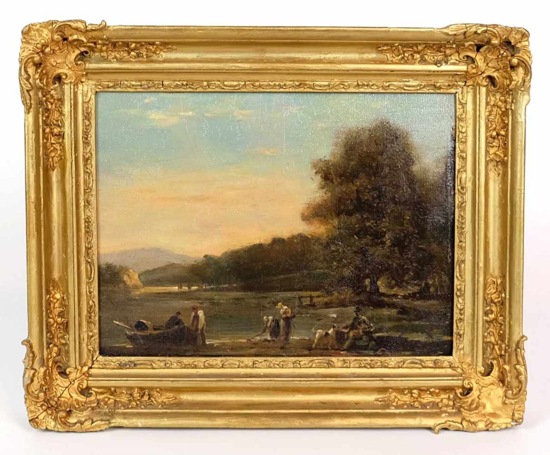 ENGLISCHE SCHULE, 19.Jh., Öl/ Holztafel, Sommerliche Landschaft mit Fischern, 23 x 30 cm,