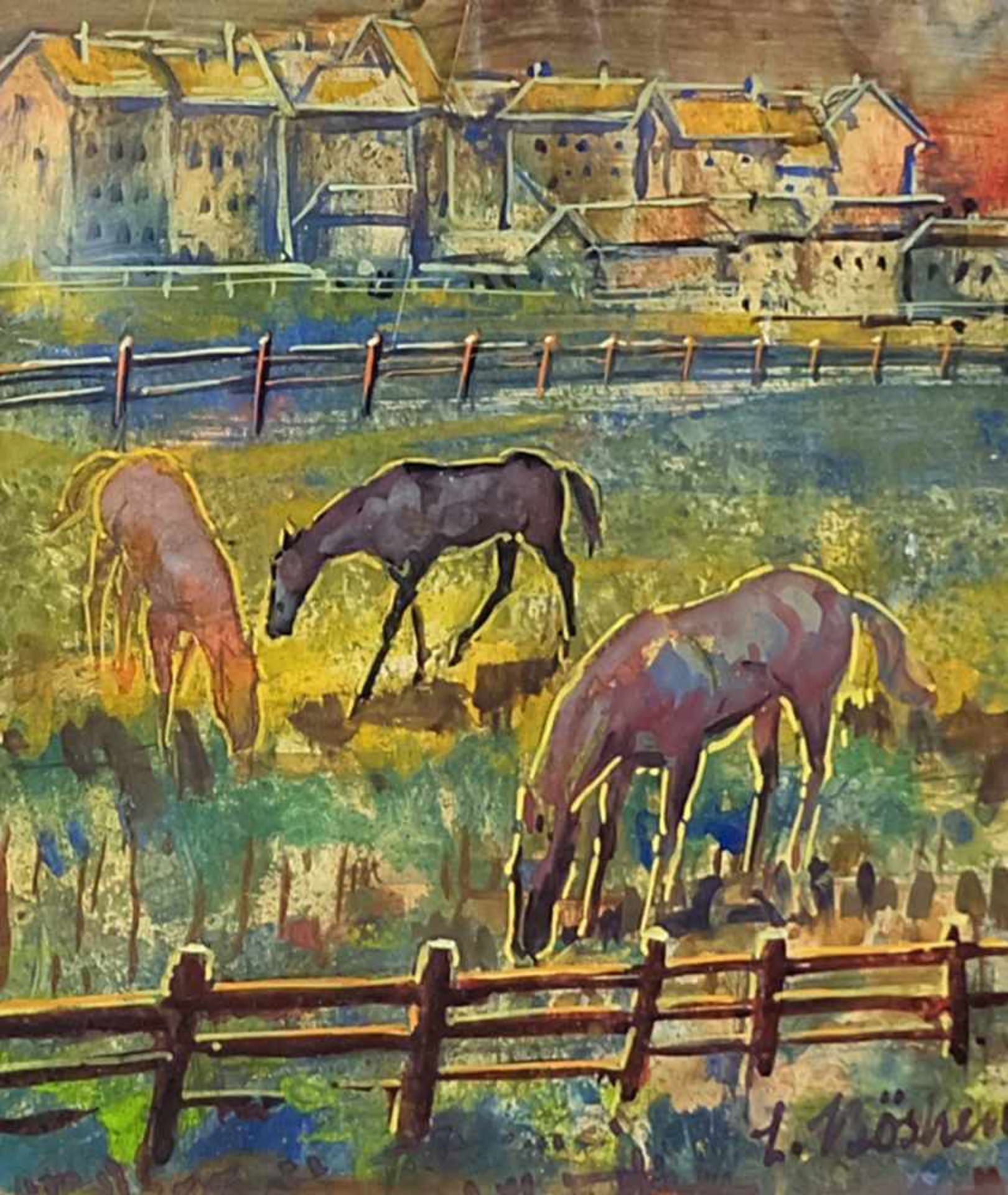 BÖSKEN, Lorenz (*31.3.1891 Geldern +8.9.1967 Düsseldorf), Aquarell, grasende Pferde vor