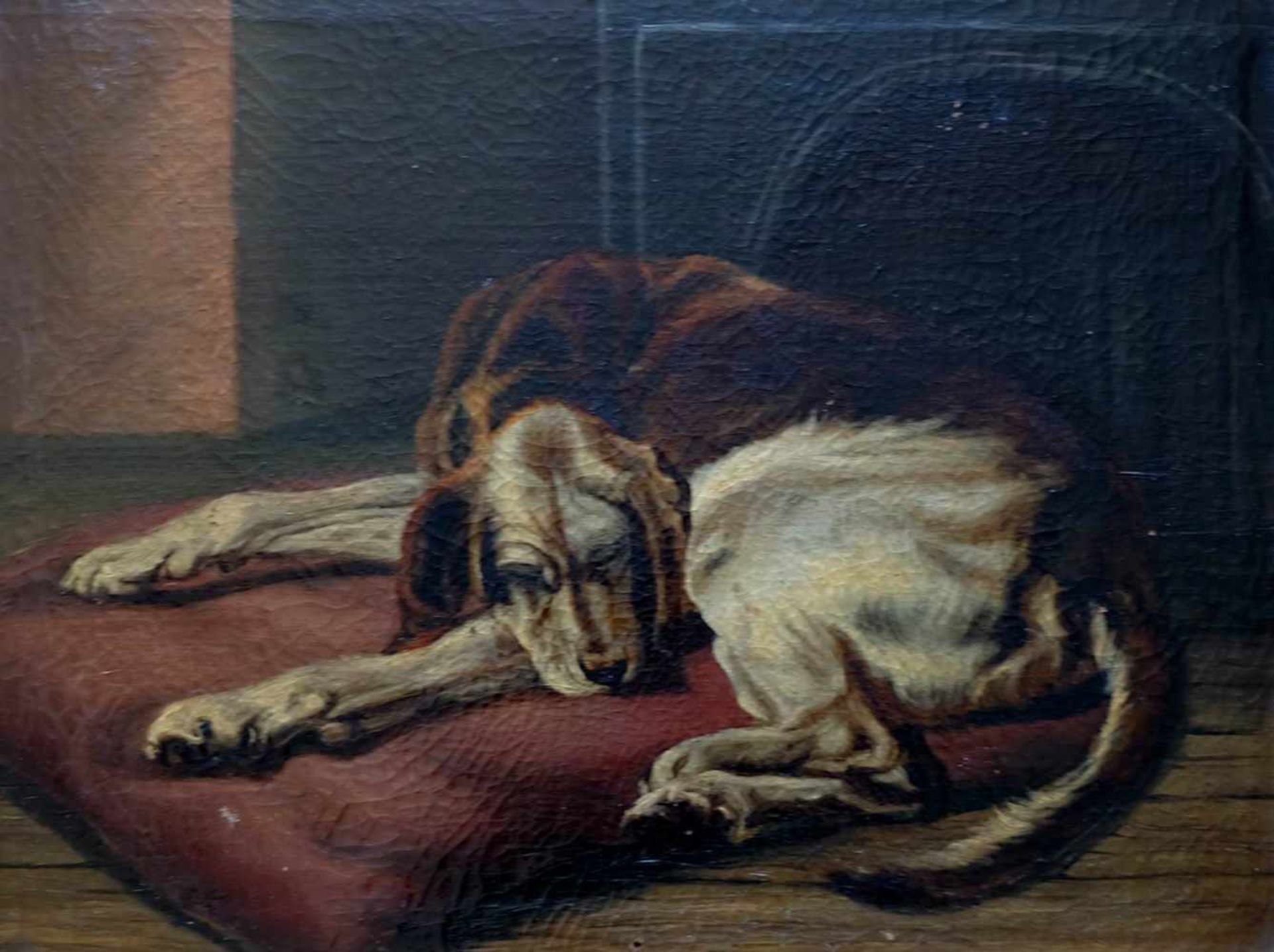 TIERMALER, um 1800, Öl/ Leinwand, Schlafender Hund vor Kamin, Krakelee, 47,5 x 62 cm, unrestauriert,