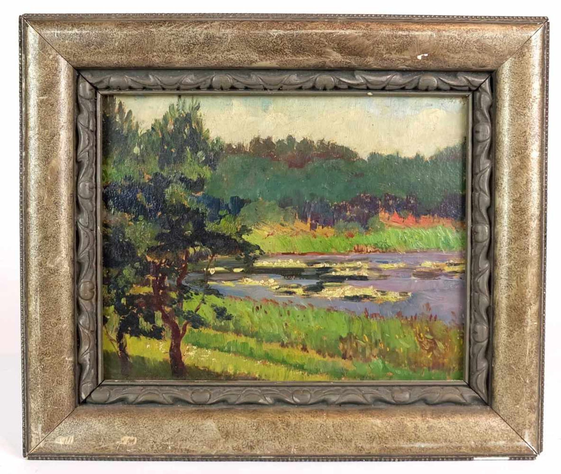 DEUTSCHE SCHULE, 1.Hälfte 20.Jh., Öl/ Karton, Sommerlicher Teich mit Seerosen, 23 x 29 cm,