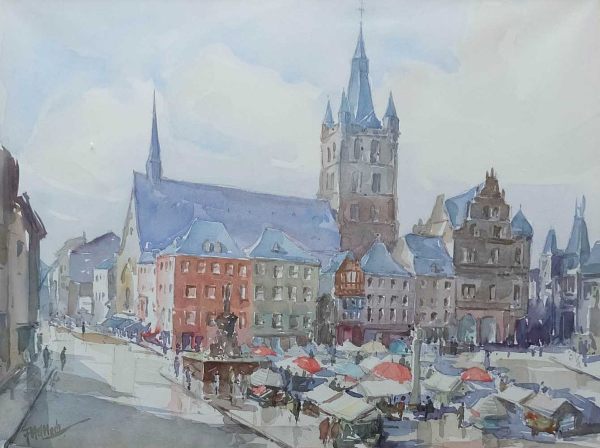 METTLACH, F., Deutsche Schule, Mitte 20.Jh., Aquarell, Blick über Hauptmarkt auf St. Gangolf in