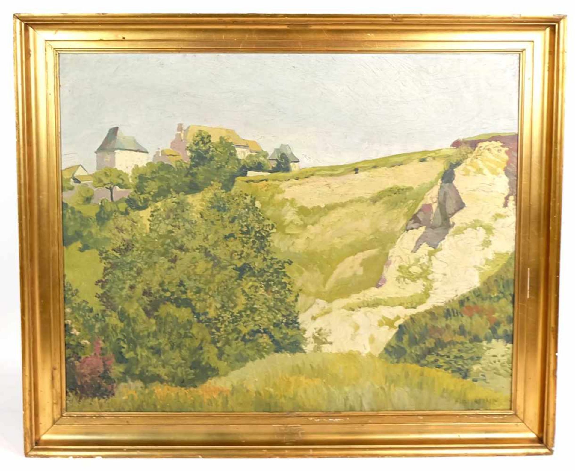 HERMAIN, A., frühes 20. Jh., Öl/ Lw., Häusergruppe über Sandkuhle, rechts unten sign., 65 x 81 cm,