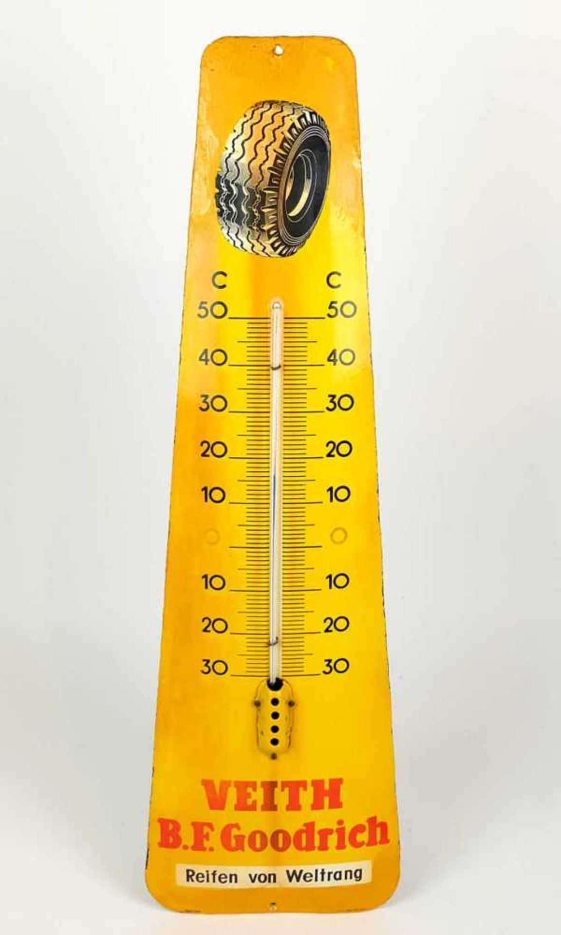 EMAILLETHERMOMETER, 1930er Jahre, schlanke Trapezform, Celsiusskalierung mit Glasthermometer (wohl