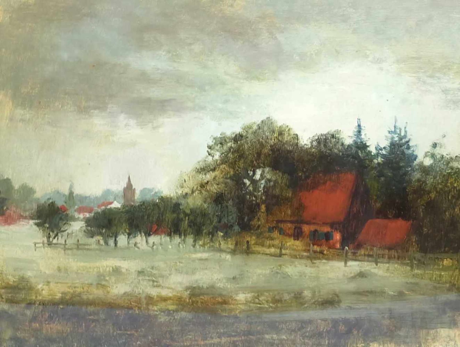 BUSCH, Carl (*1905 Münster †1973), Öl/ Malkarton, aufziehendes Gewitter über münsterländischem