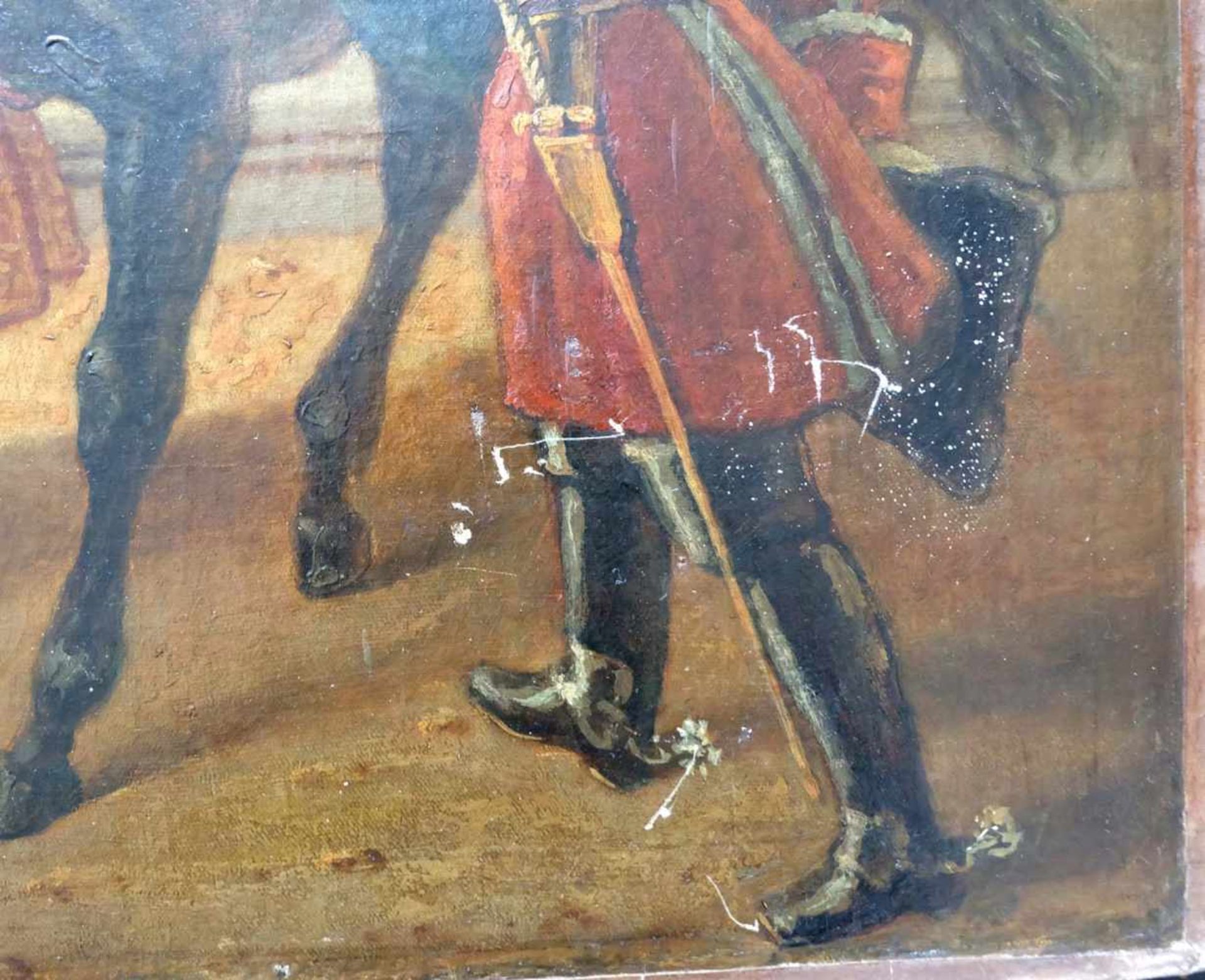 BAROCKMEISTER, 18.Jh., Öl/ Leinwand doubliert, heimkehrende adelige Jagdgesellschaft, 109 x 141 - Bild 2 aus 3