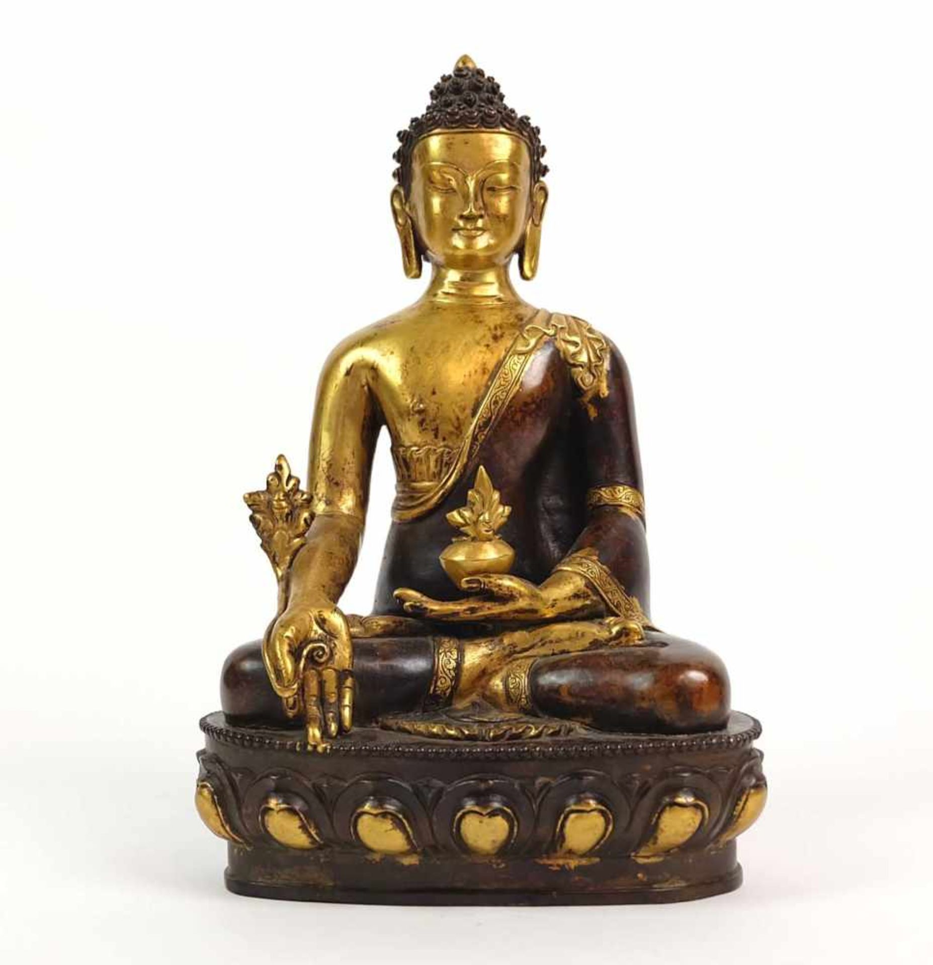 SKULTPUR, "Bhaisajyaguru", sitzender Medizinbuddha, Nepal/ Tibet, Kupfer, teilvergoldet,