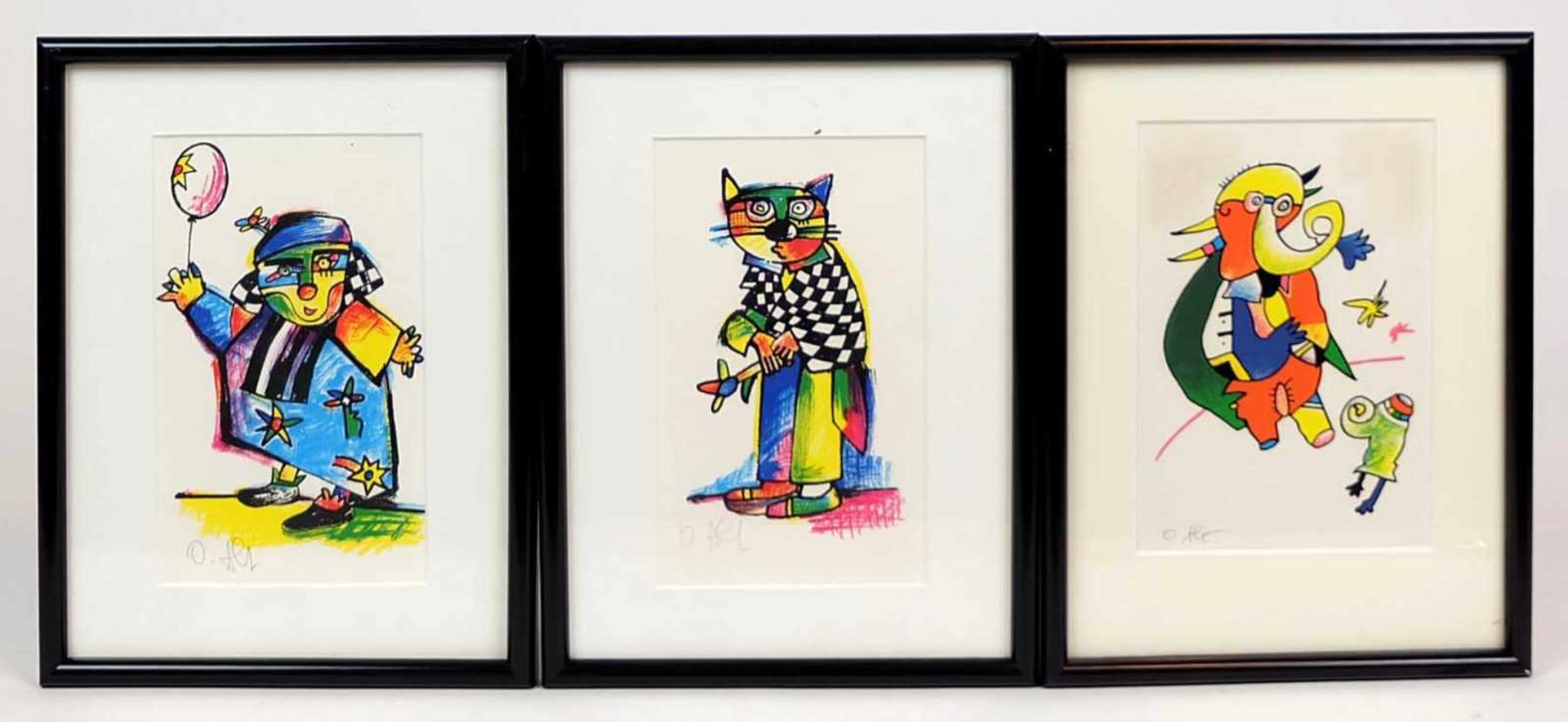 ALT, Otmar (*1940 in Wernigerode), Farblithografien, Serie von 3, Clown, Katze und Elefant, je links