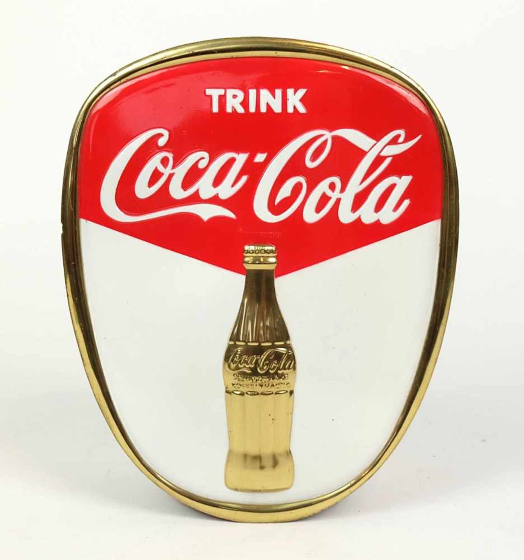 BLECHSCHILD, 1950er Jahre, Nierenstil Epoche, "Trink Coca Cola", geprägtes Blech in drei Farben,