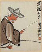 FARBHOLZSCHNITT "ANGLER", in der Art von Qi Baishi, Aufschrift und Siegel, 32 x 26, fleckig, unter