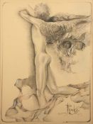 RISKA, (Moderner Maler), "Engelsfigur", Zeichnung/Papier, weiß gehöht, 40 x 29,5, unten rechts