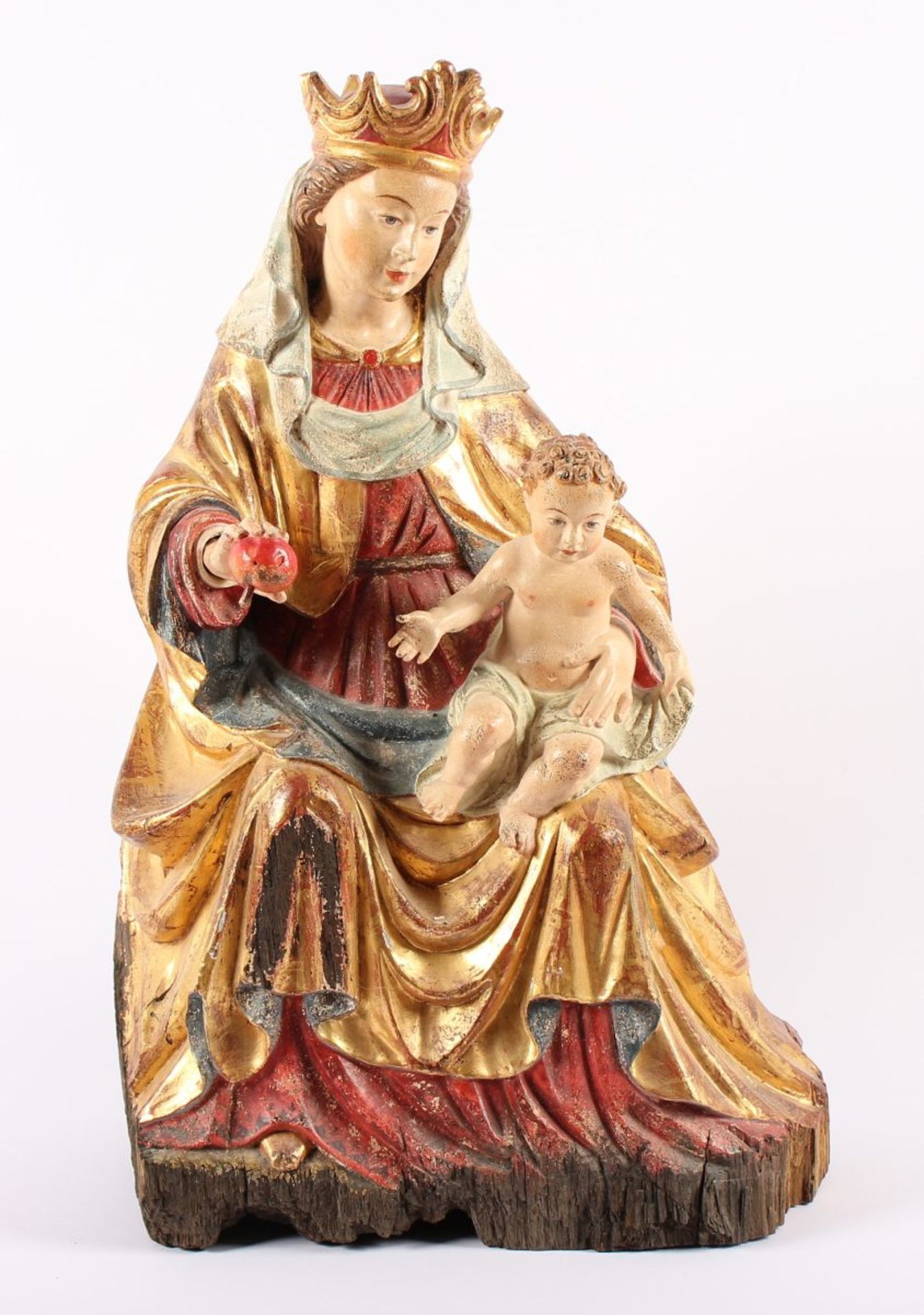 THRONENDE MADONNA MIT KIND UND APFEL, altes Eichenholz, farbig gefasst, vergoldet, H 54, DEUTSCH,