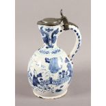 ENGHALSKRUG, Fayence, bemalt mit Chinoiserie, Zinndeckel, leicht best., u.rissig, H 23, wohl