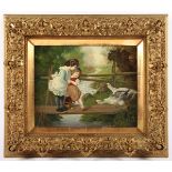 ILG, Fritz (tätig um 1850), "Zwei Kinder mit Gänsepaar auf einer Brücke", Öl/Lwd., 32 x 40, unten