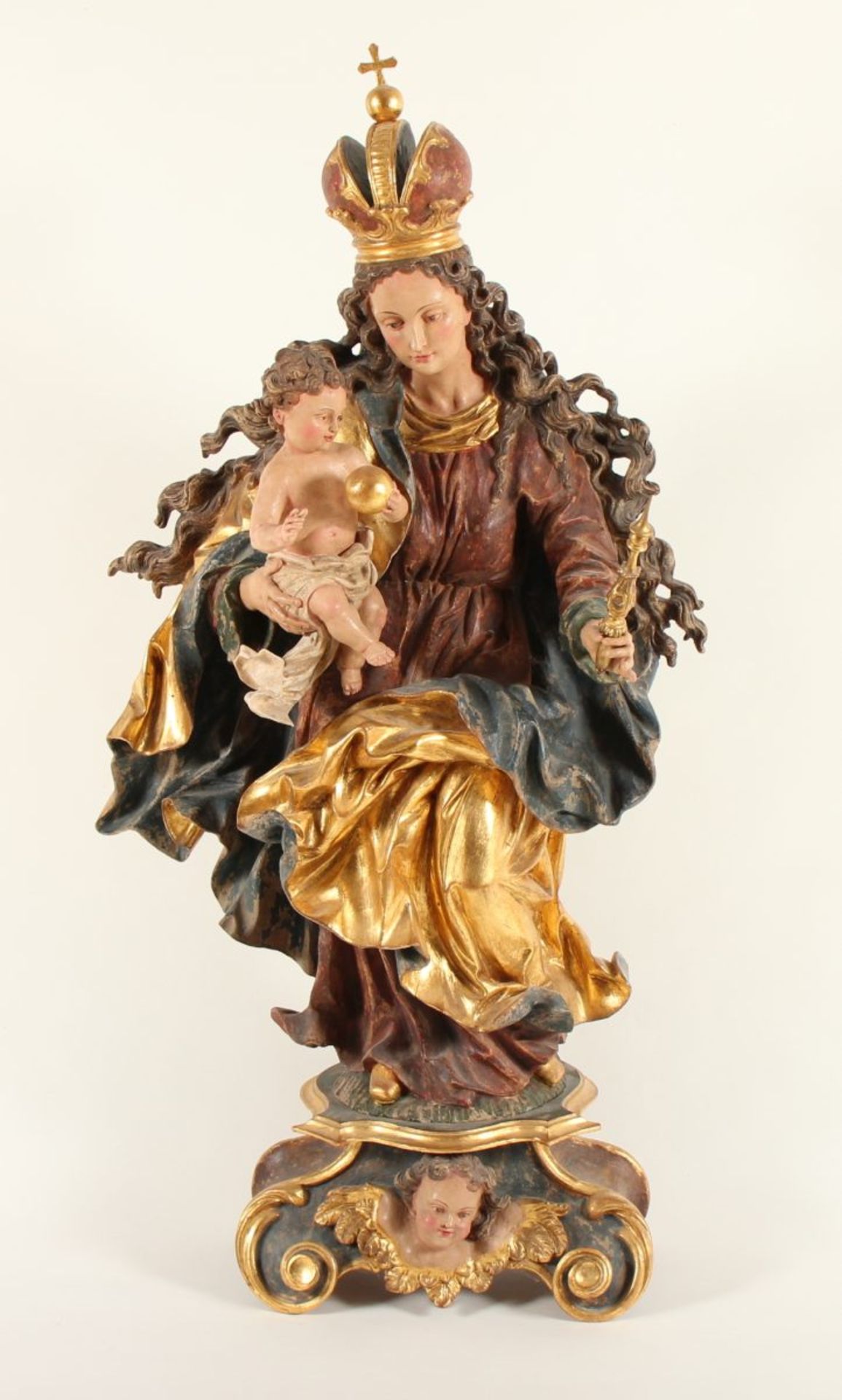 GROSSE MADONNA MIT KIND, Holz, hochwertig geschnitzt, farbig gefasst, vergoldet, Sockel, H 125,