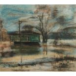 UNLESERLICH, "Rheinlandschaft mit Hochwasser", Pastell/Papier, 42 x 47, unten rechts signiert und