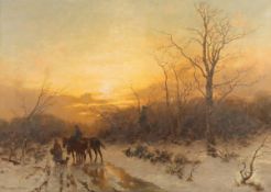 THOMASSIN, Desiré (1858-1933), "Abendliche Winterlandschaft mit Bauernpaar", Öl/Lwd., 75 x 103,