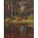 LÜDECKE-CLEVE, August (1868-1957), "Kiefern am Seeufer", Öl/Lwd., 51 x 41, unten rechts signiert,