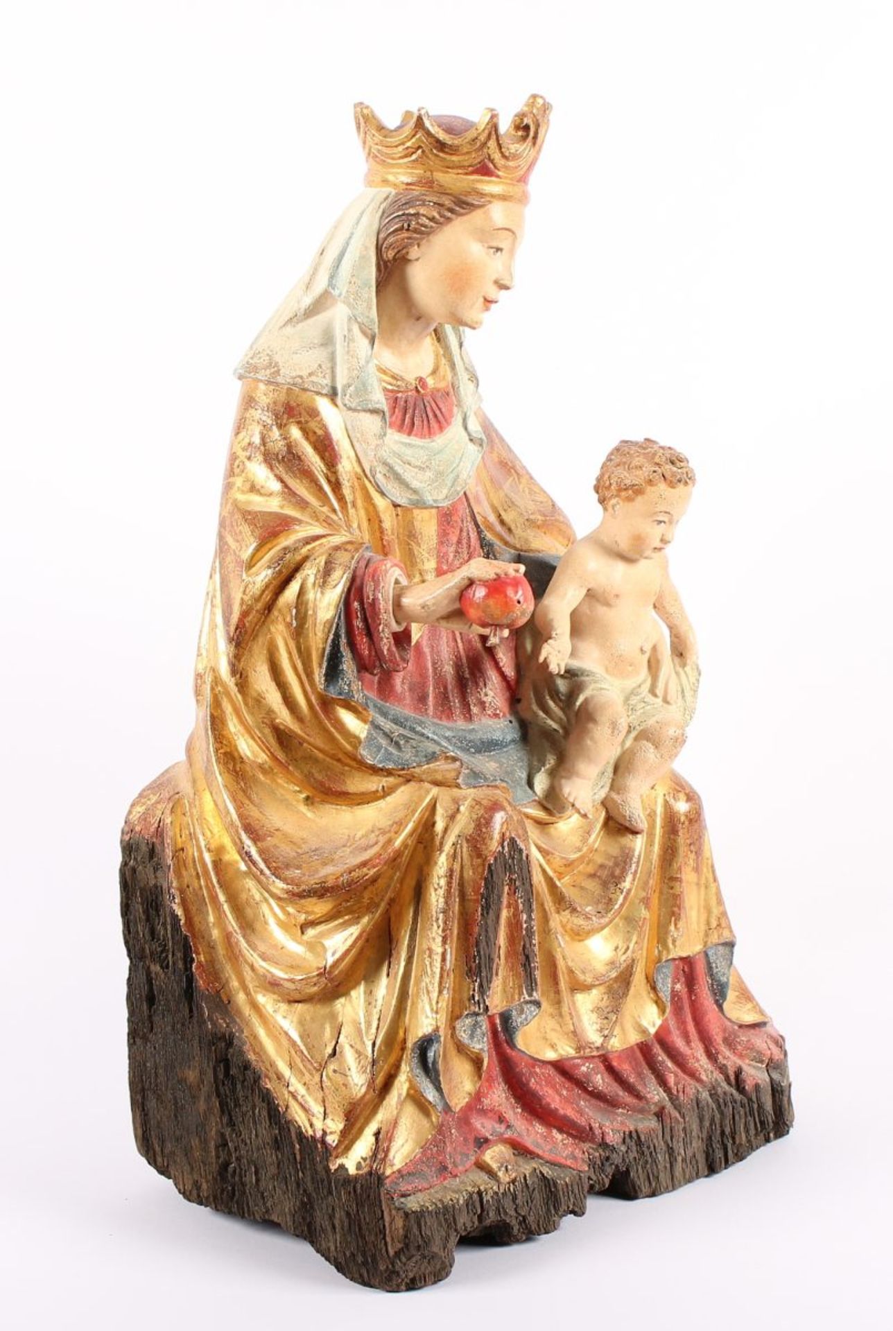 THRONENDE MADONNA MIT KIND UND APFEL, altes Eichenholz, farbig gefasst, vergoldet, H 54, DEUTSCH, - Bild 3 aus 6