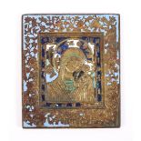 REISEIKONE, "Gottesmutter von Kasan", Bronze, farbiges Cloisonné-Email, 11 x 9,5, ber., RUSSLAND,
