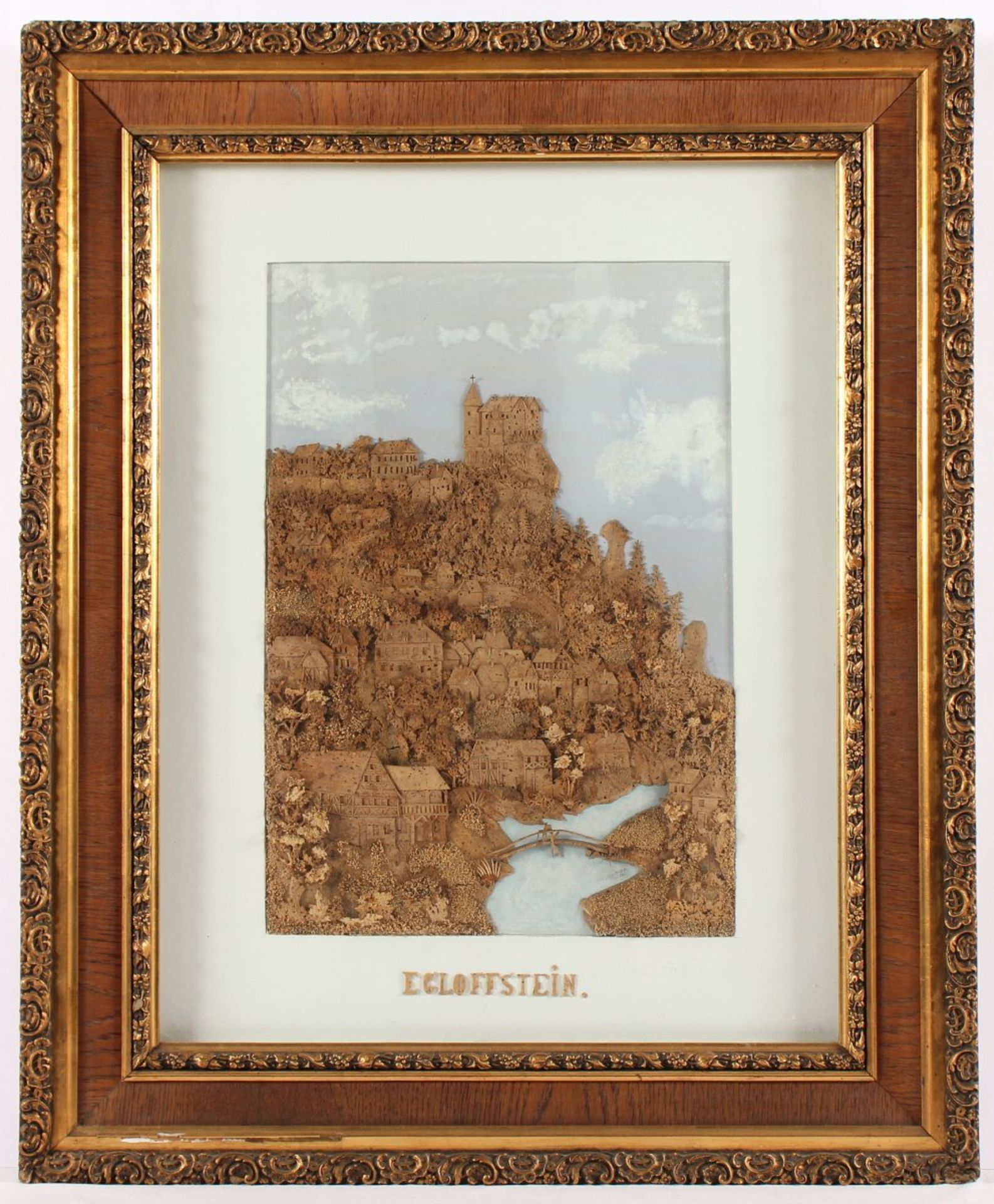 KORKBILD "EGLOFFSTEIN", Aquarell mit Deckweiß, Kork, beschnitzt, Darstellung der Burg Egloffstein,