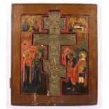 STAUROTHEK-IKONE, Christus am Kreuz mit Heiligen, Tempera/Holz, Bronzekreuz, 44 x 37, leicht besch.,