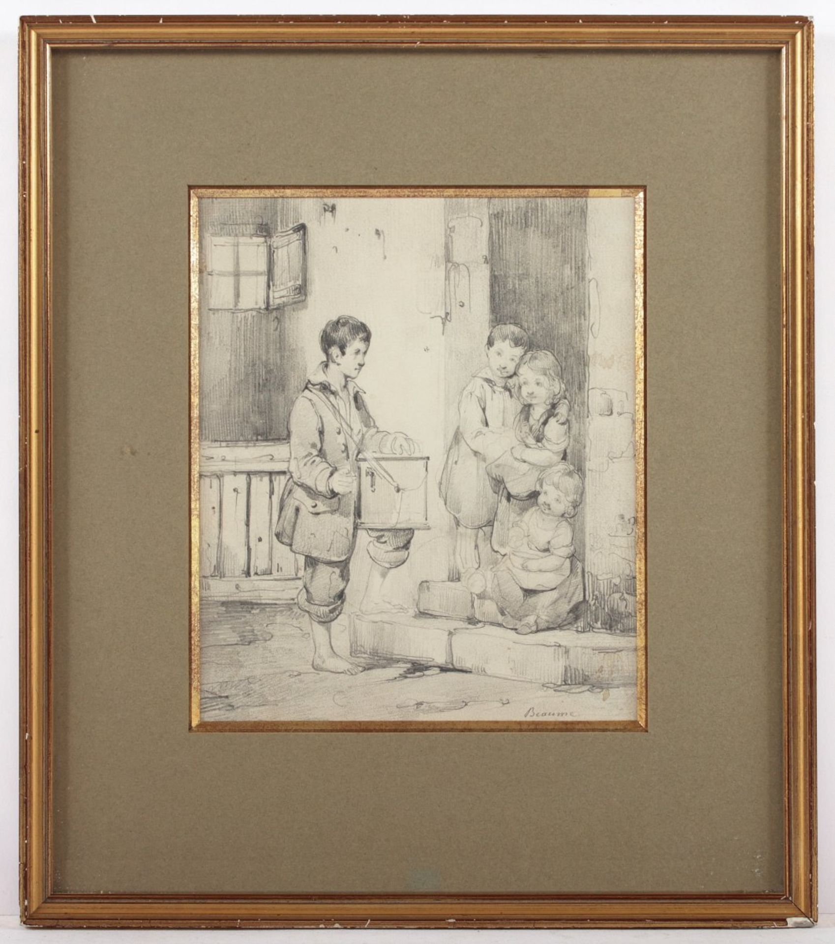 BEAUME, Joseph (1796-1885), "Besuch des Spielmanns", Bleistift/Papier, 18,5 x 16 ( - Bild 2 aus 2