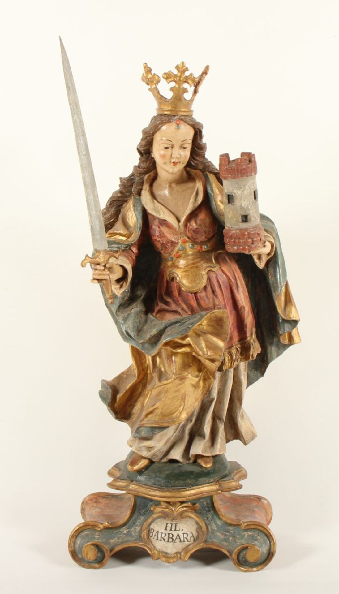 HEILIGE BARBARA, mit Turm und Schwert, Holz, geschnitzt, farbig gefasst, goldbemalt, H 80 (inkl.