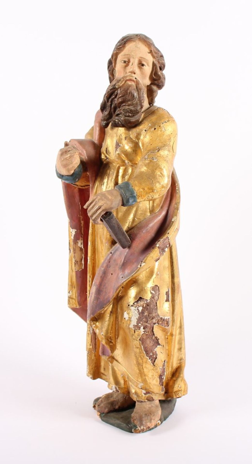 HEILIGER PAULUS UND KLEINER ENGEL, Holz, geschnitzt, farbig gefasst, vergoldet, H 48 und H 23, - Bild 2 aus 6