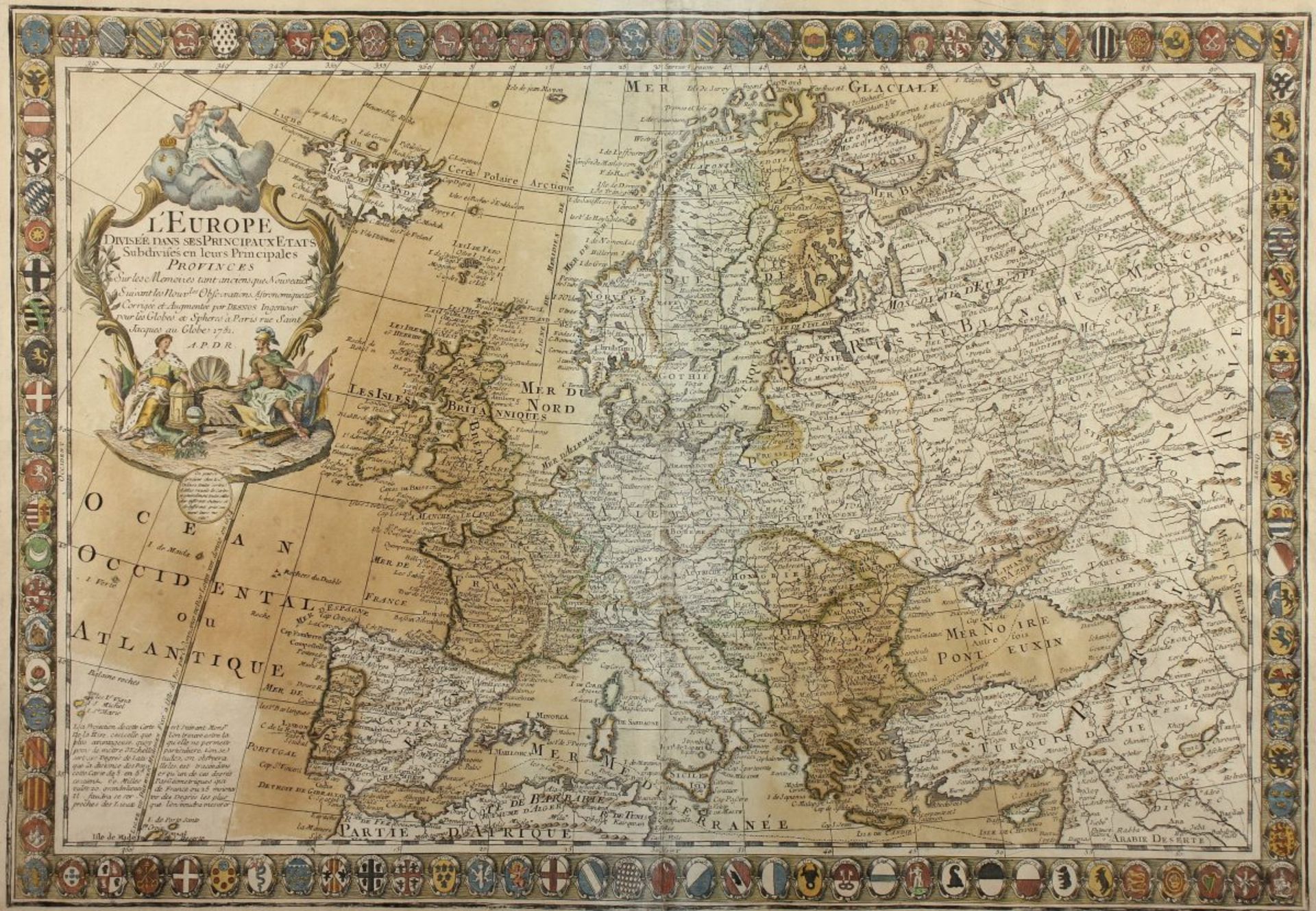 EUROPA, "L'Europe", kolorierter Kupferstich, 48 x 70, fleckig, Desnos, Paris, E.18.Jh., R.