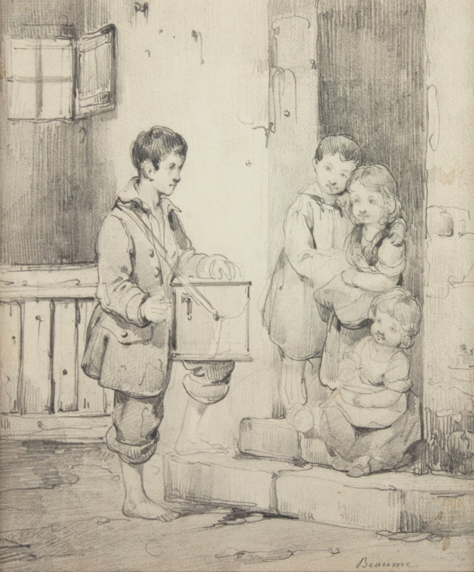 BEAUME, Joseph (1796-1885), "Besuch des Spielmanns", Bleistift/Papier, 18,5 x 16 (