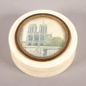 RUNDE DOSE MIT MINIATUR, "Notre Dame in Paris", Elfenbein, Dm 6, H 2,5