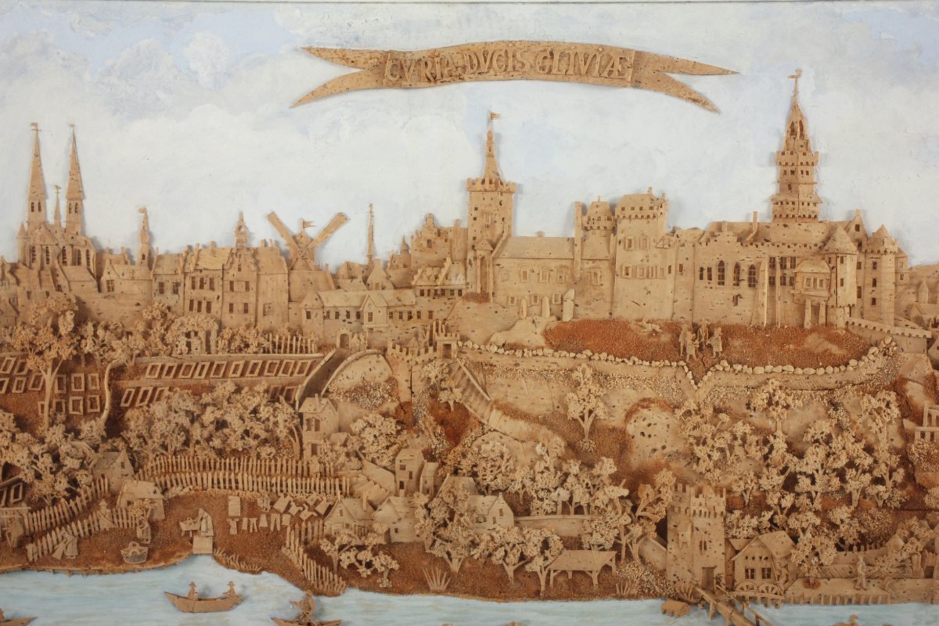 KORKBILD "KLEVE", Aquarell mit Deckweiß, Kork, beschnitzt, Darstellung der Schwanenburg mit - Bild 2 aus 2