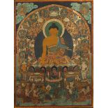 THANGKA BUDDHA SHAKYAMUNI UND SZENEN AUS SEINEM LEBEN, Gouache und teilweise pastös aufgetragenes