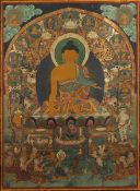 THANGKA BUDDHA SHAKYAMUNI UND SZENEN AUS SEINEM LEBEN, Gouache und teilweise pastös aufgetragenes