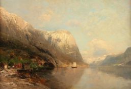 SCHWEITZER, Adolf Gustav (1847-1914), "Fjord-Landschaft", Öl/Holz, 39 x 58, unten links signiert,