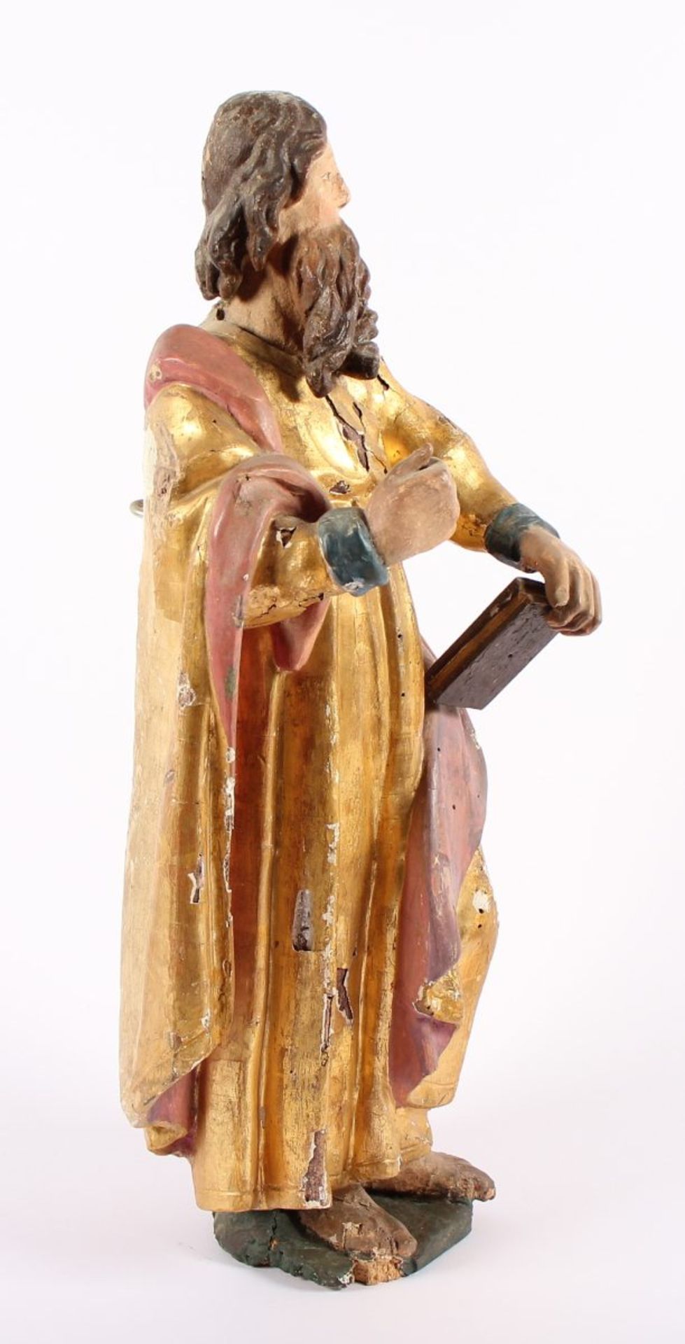 HEILIGER PAULUS UND KLEINER ENGEL, Holz, geschnitzt, farbig gefasst, vergoldet, H 48 und H 23, - Bild 3 aus 6