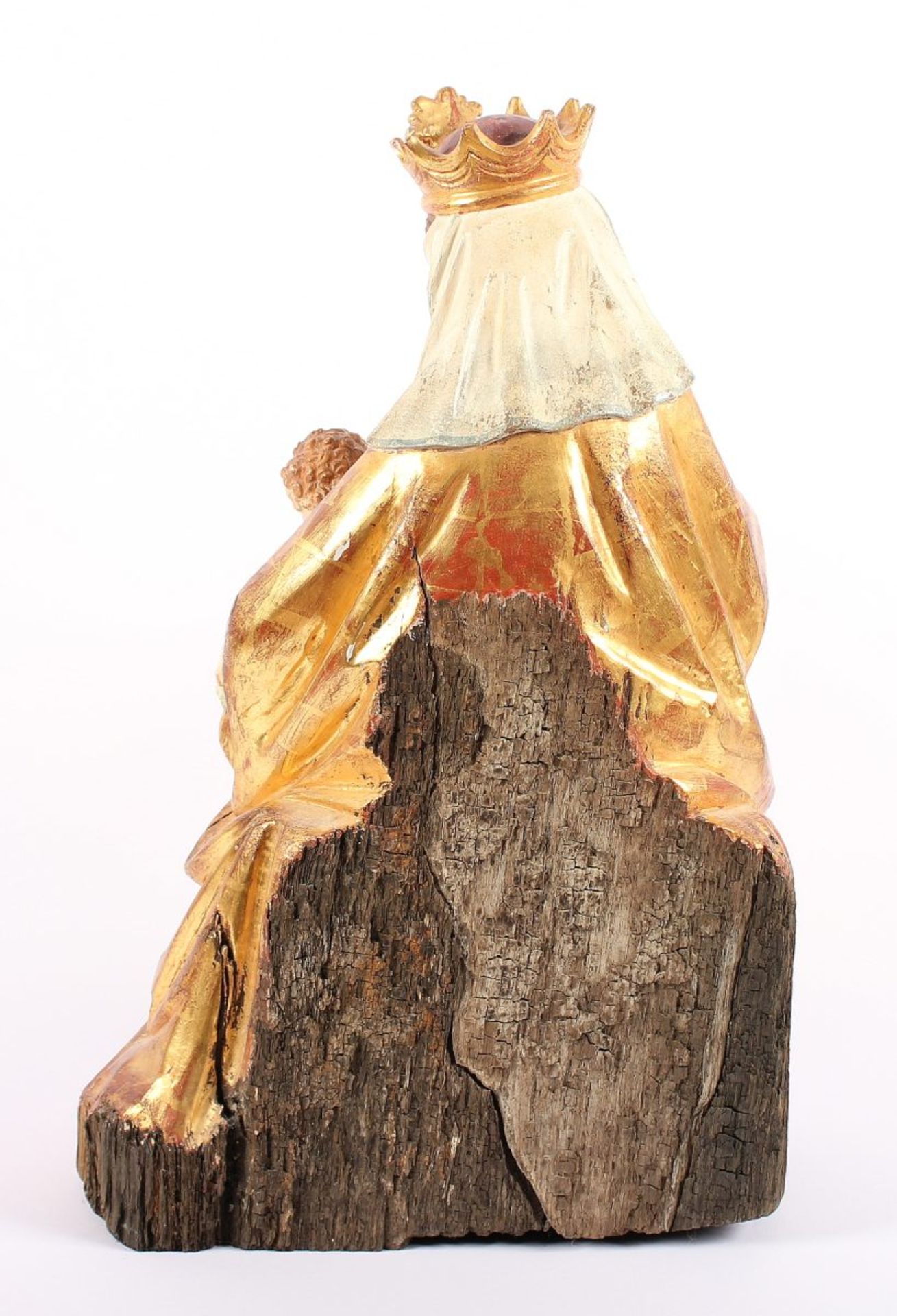 THRONENDE MADONNA MIT KIND UND APFEL, altes Eichenholz, farbig gefasst, vergoldet, H 54, DEUTSCH, - Bild 4 aus 6