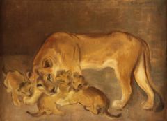 WEISGERBER, Carl (1891-1968), "Löwin mit drei Jungen", Öl/Lwd., 55 x 74, oben rechts signiert und "